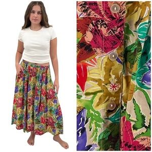 Vintage Saks 5th Avenue 100% Silk Skirt Multicolor Floral Midi Maxi Button Up M